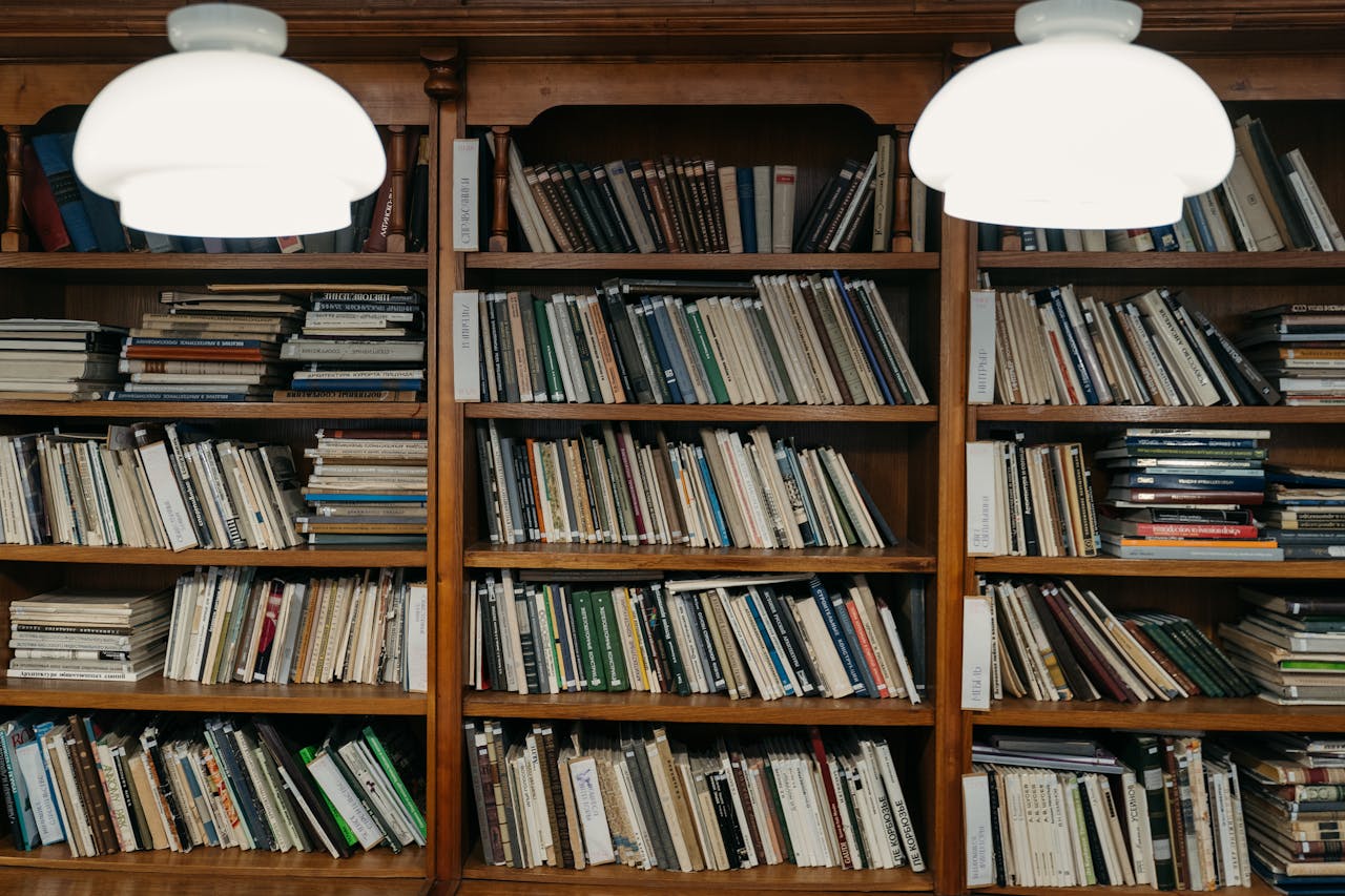 portfolio-06 Neatly organized wooden bookshelves filled with diverse books under warm lighting.